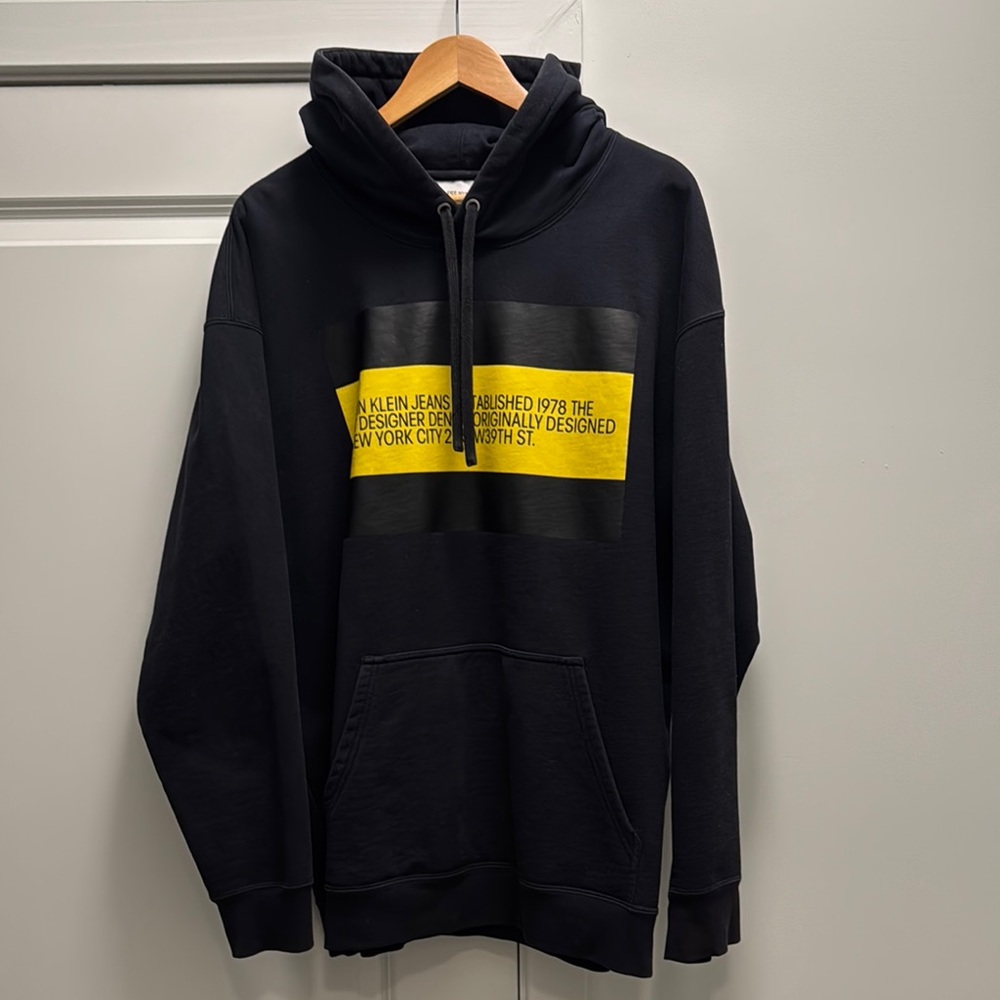 Calvin Klein Men's Black Hoodie with Yellow Accent